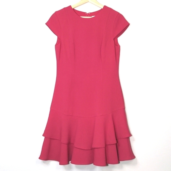 ELIZA J Stretch Ruffle Crepe Sheath Drop Waist Short Sleeve Dress Berry Barbie - Picture 3 of 15